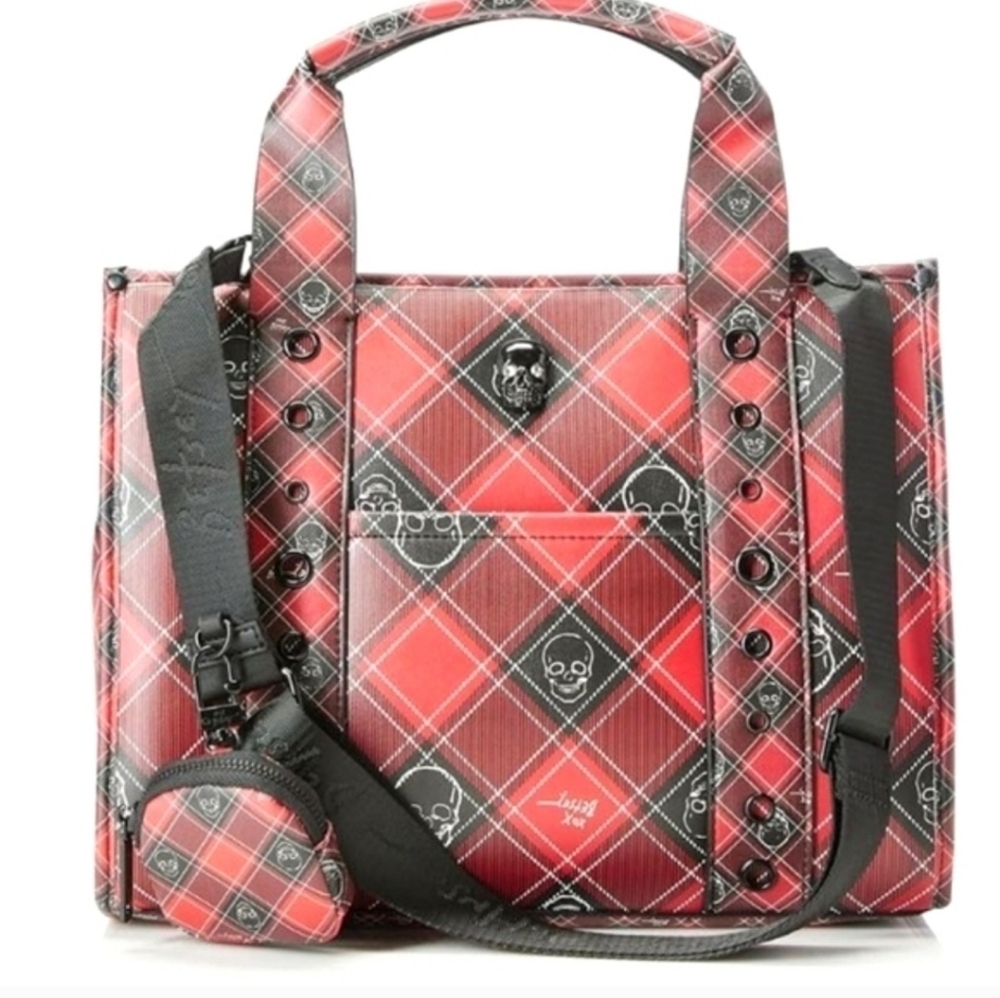❤️🔹️BETSEY JOHNSON🔹️ red Plaid Skull Tote w/ coin pouch XOLOLO - Picture 2 of 12
